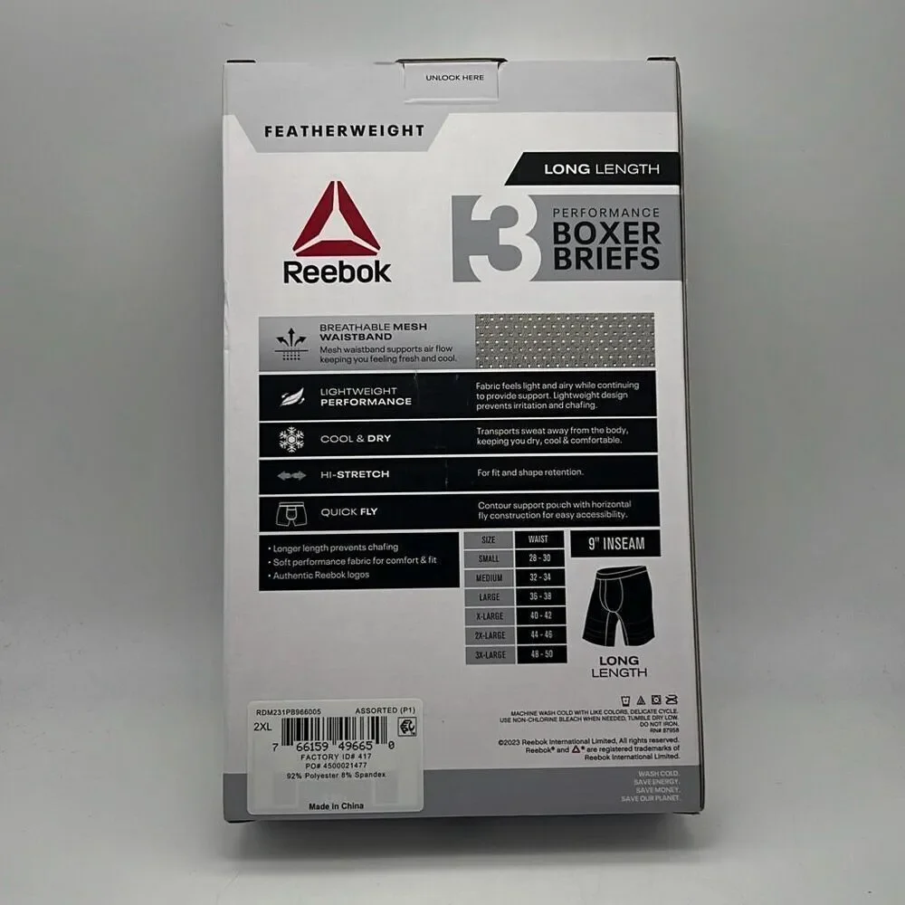 Reebok Men's Performance‎ 9” inseam Boxer Brief 3 Pack Featherweight 2XL 44-46
